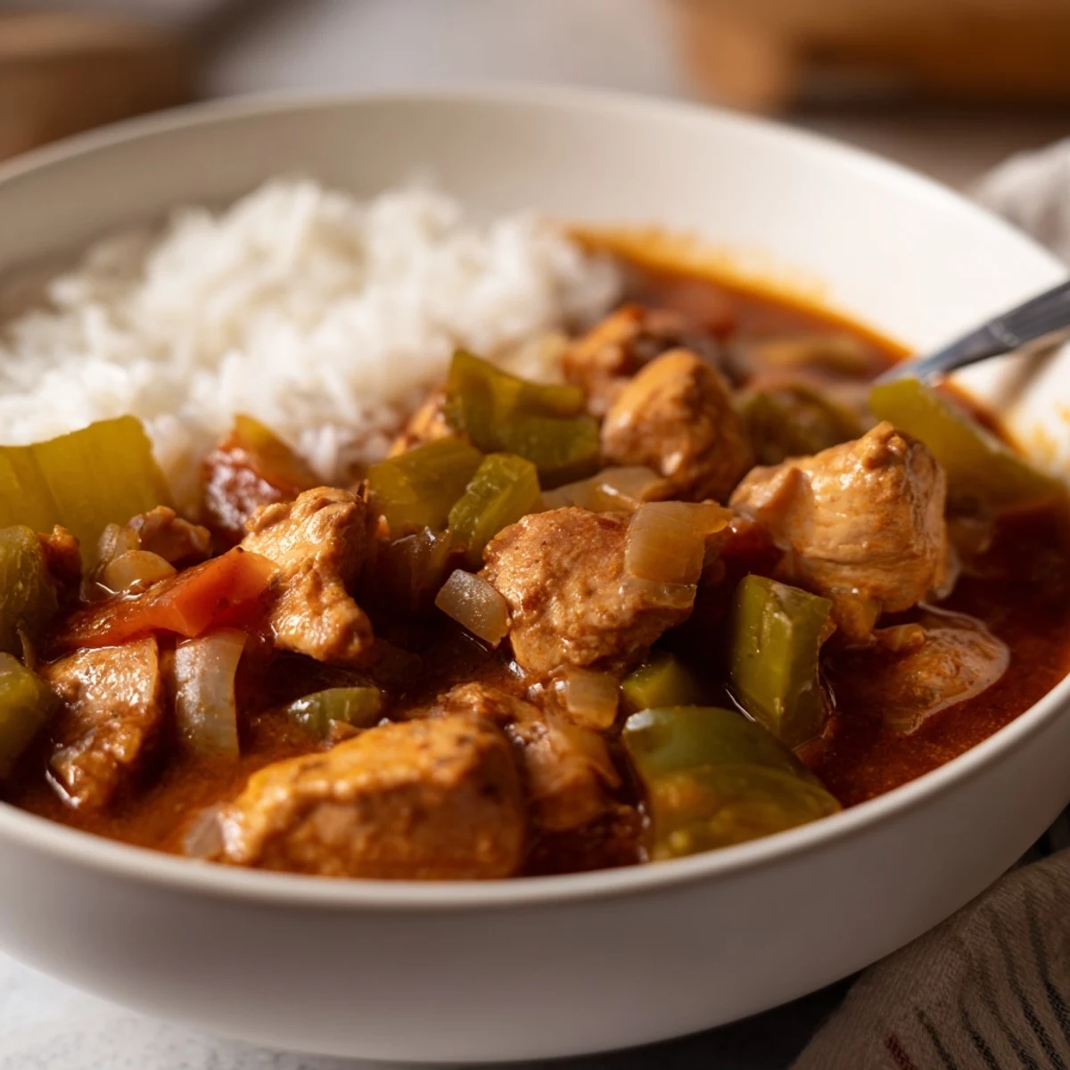 Comforting Creole chicken stew with savory tomato sauce served steaming hot over a bed of white rice