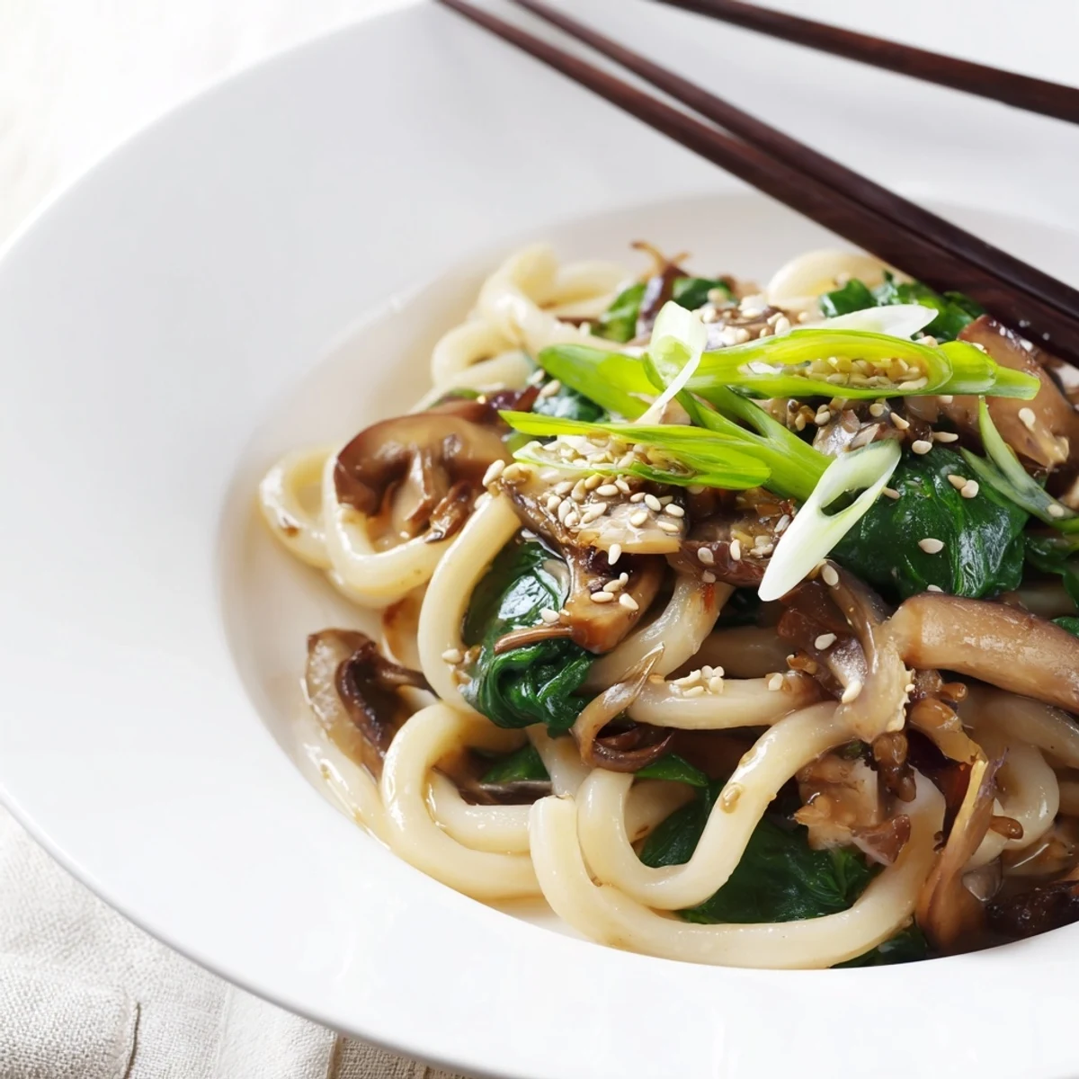 Thick udon noodles coated in white miso cream sauce with shiitake mushrooms and baby spinach
