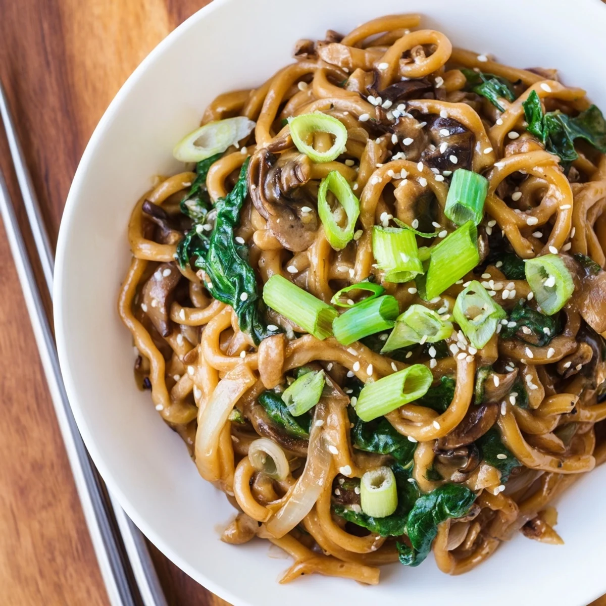 Bowl of Japanese-style creamy miso udon garnished with sliced green onions and toasted sesame seeds