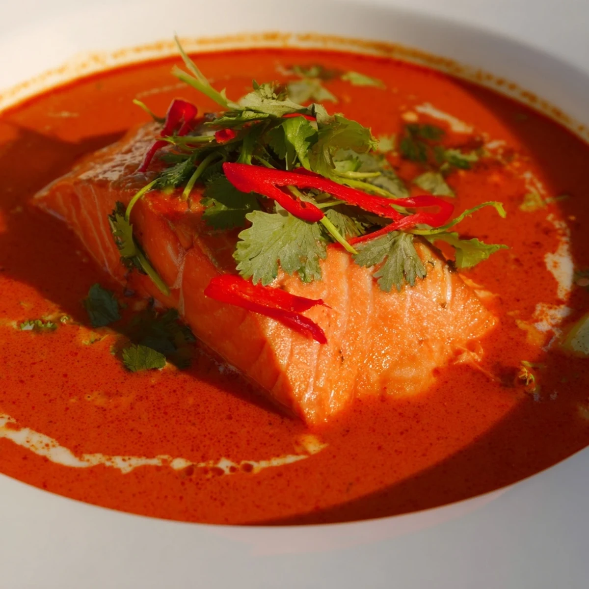 Golden pan-seared salmon fillets simmered in creamy red curry coconut sauce with vibrant bell peppers and fresh coriander garnish