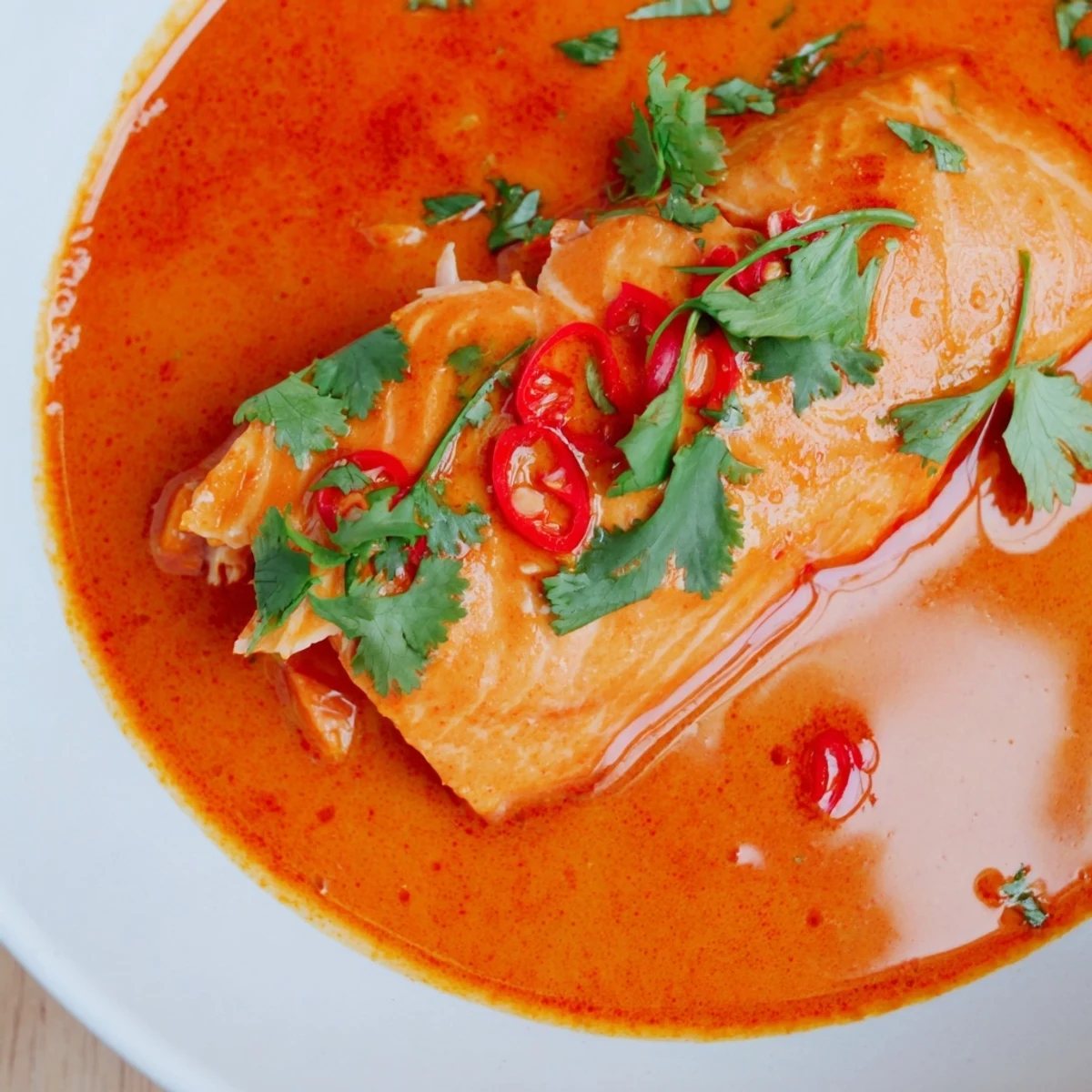 Flaky red curry coconut salmon nestled in rich aromatic sauce beside snap peas and red onion slices on white plate