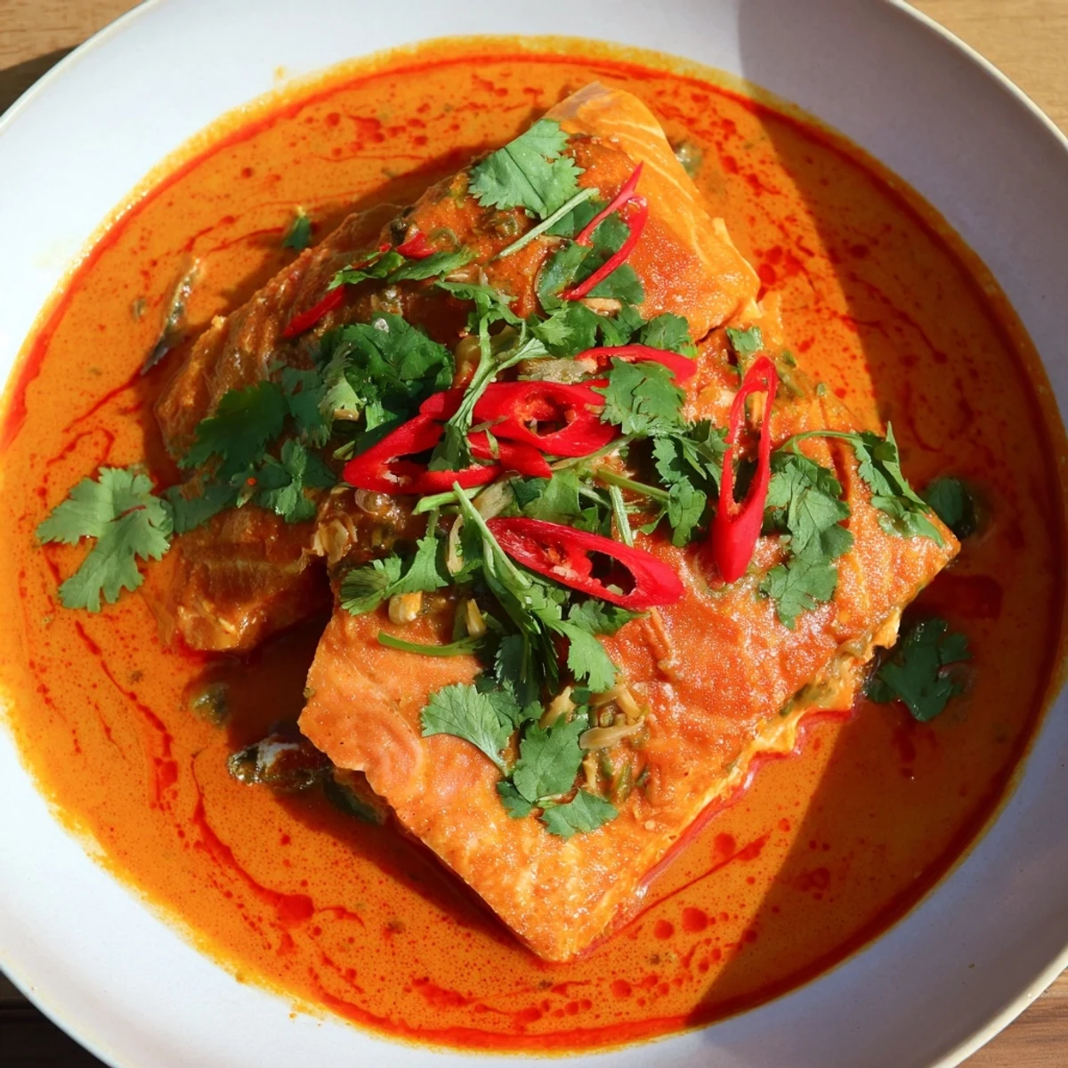Thai-inspired red curry coconut and coriander salmon with tender vegetables and cilantro sprinkles served over fluffy jasmine rice