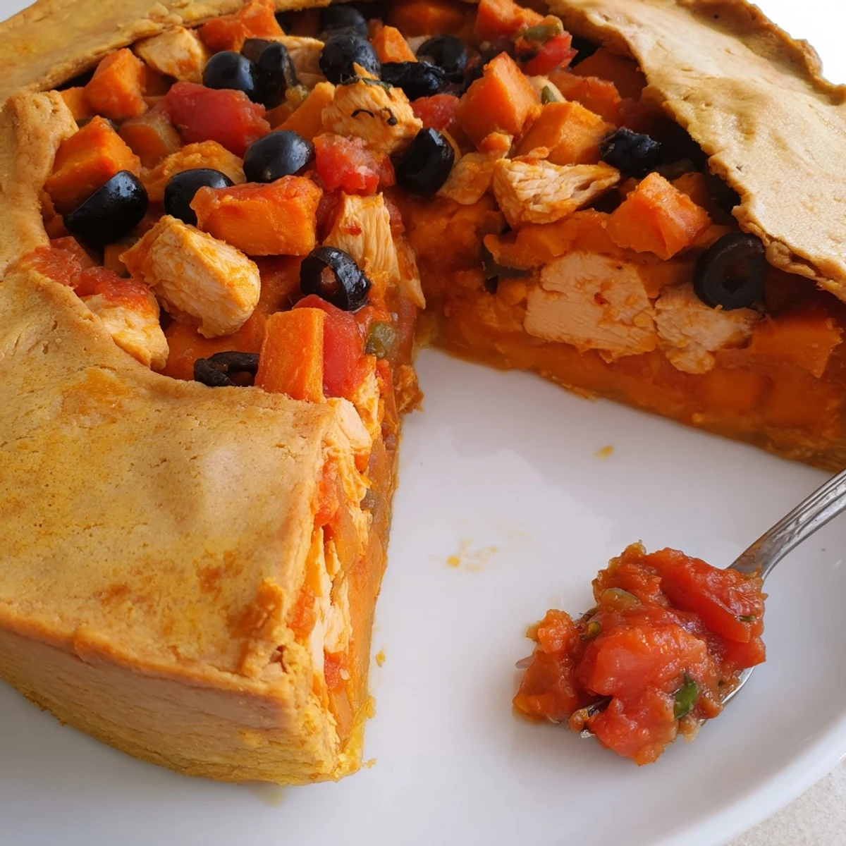 Golden-crusted sweet potato and chicken pie topped with vibrant tomato olive salsa garnish
