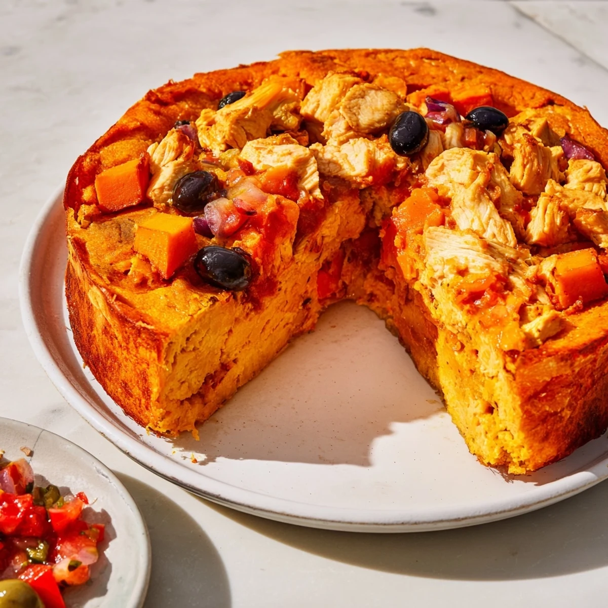Savory Mediterranean chicken pie with sweet potato crust served alongside fresh tomato olive salsa