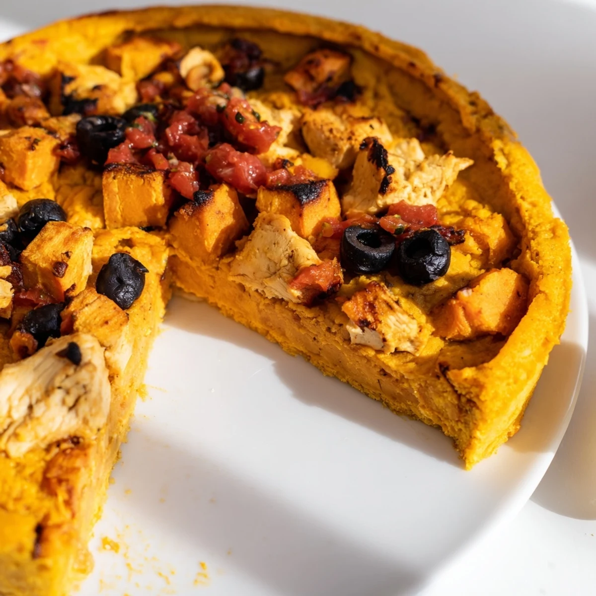 Slice of comforting chicken and sweet potato pie with tangy tomato olive salsa on top