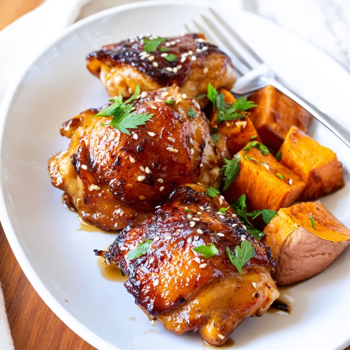 Golden glazed honey garlic chicken thighs roasted with caramelized sweet potato cubes on a sheet pan