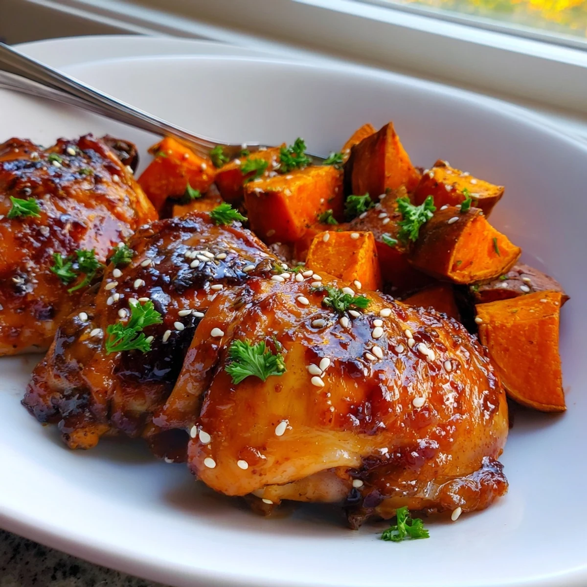 Tender honey garlic chicken with roasted sweet potatoes topped with fresh parsley and sesame seeds
