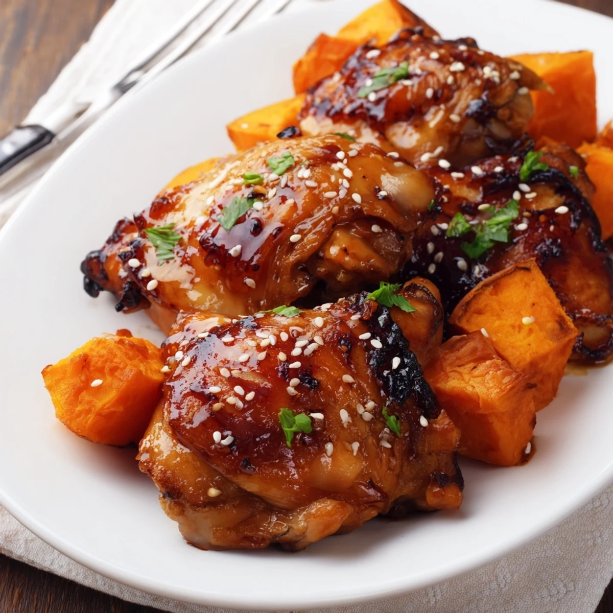 One-pan honey garlic chicken thighs served alongside seasoned roasted sweet potatoes for an easy dinner