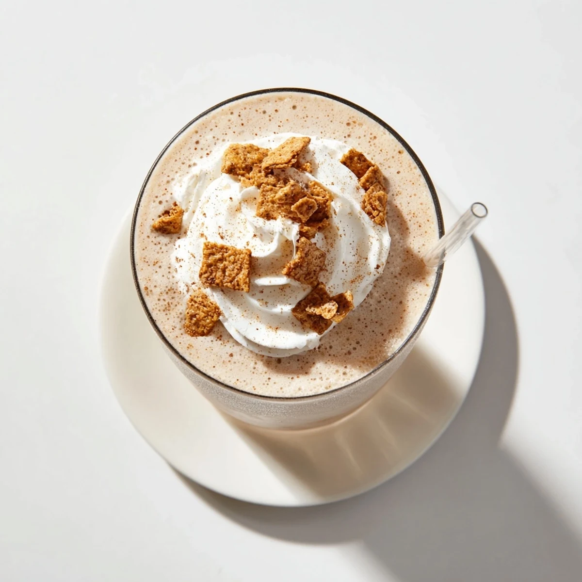 Frosty blended Cinnamon Toast Crunch Frappe with swirled cinnamon layers and a straw