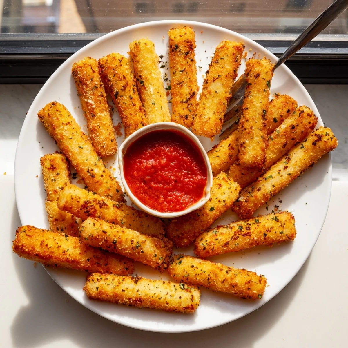 Golden crispy baked mozzarella sticks with melty cheese center served on wire rack