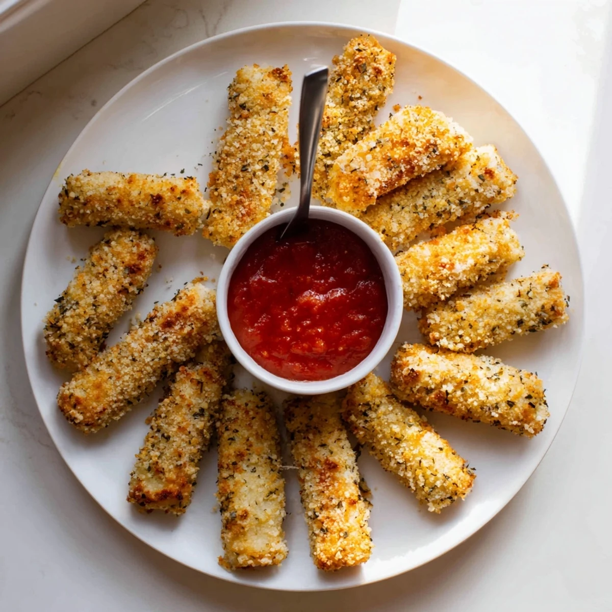 Homemade crispy baked mozzarella sticks arranged on baking sheet with golden breadcrumb coating