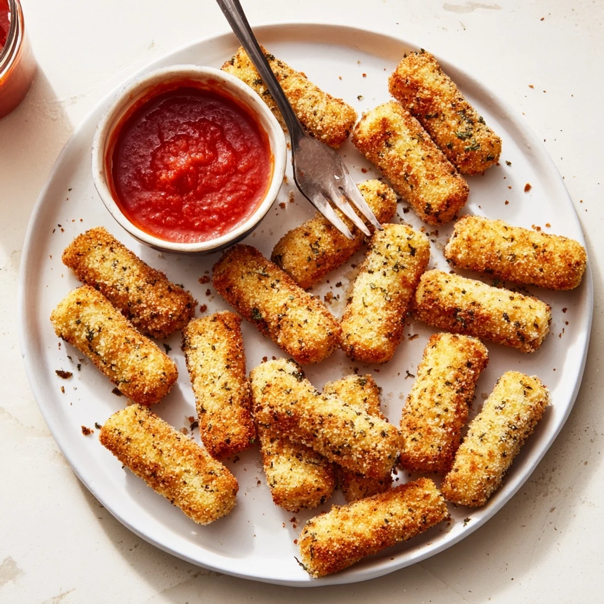 Plate of hot crispy baked mozzarella sticks with marinara sauce for dipping
