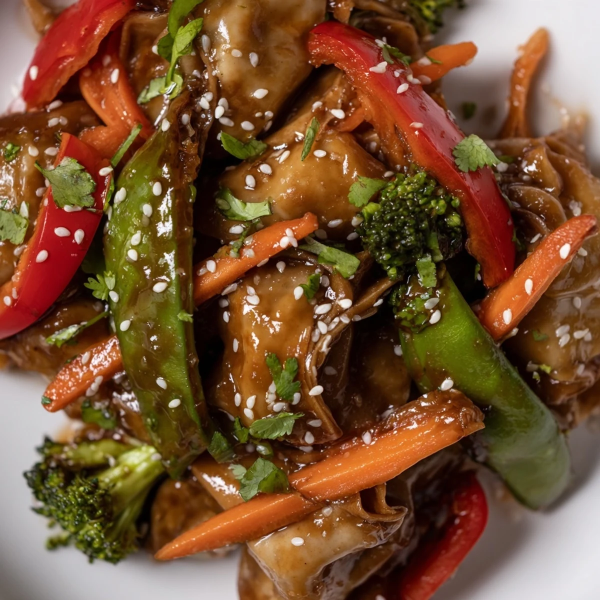 Golden pan-fried dumplings stir-fried with crisp colorful vegetables in rich garlic sauce