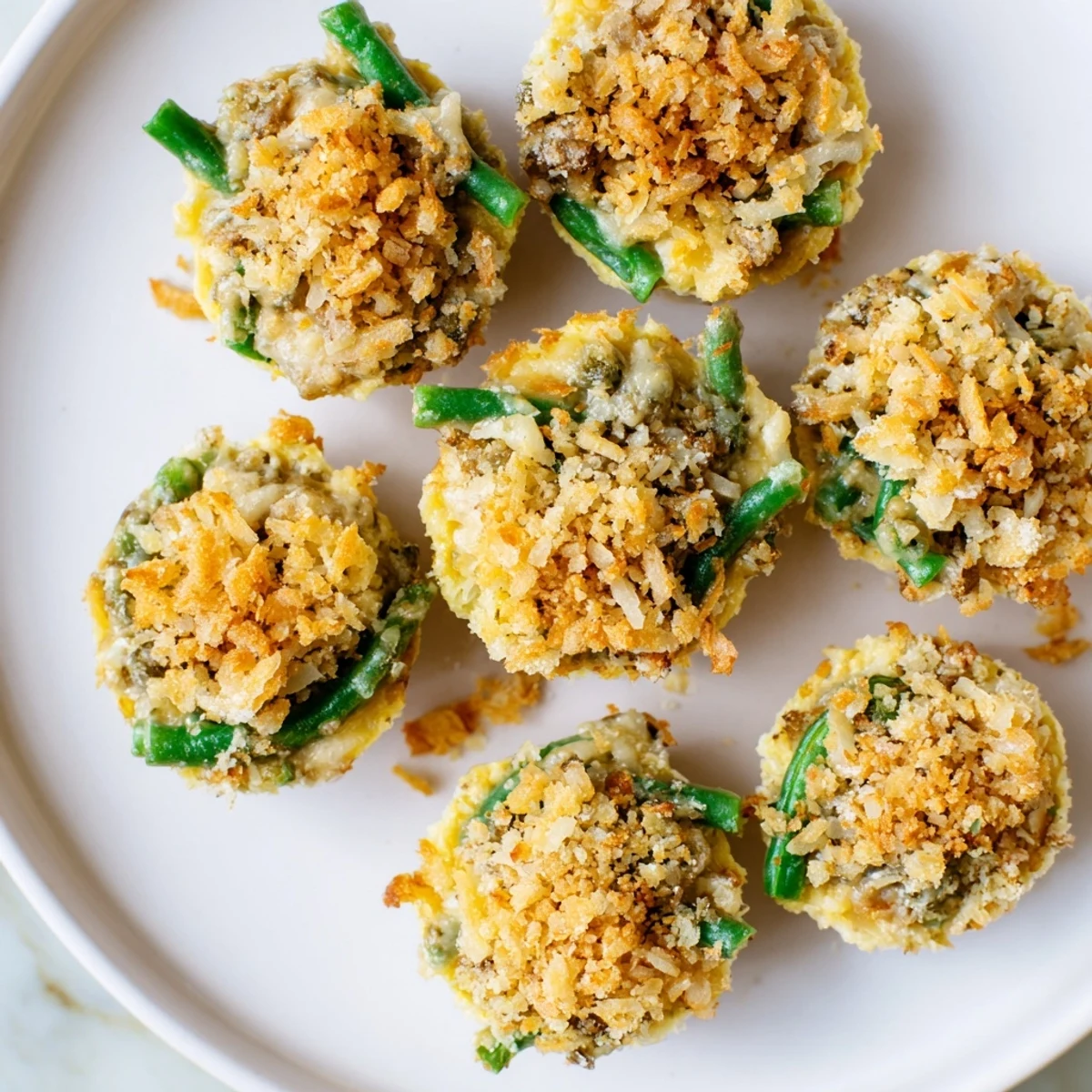 Fresh green bean casserole bites with golden parmesan breadcrumb topping arranged in a muffin pan
