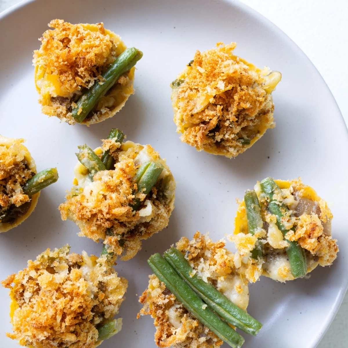 Individual green bean casserole cups bubbling with creamy parmesan sauce and crisp green beans