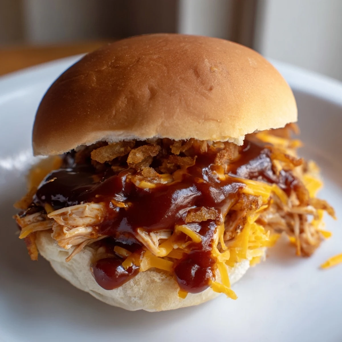 Juicy barbecue chicken piled high on slider buns with gooey cheese and crunchy onion topping for a crowd-pleasing appetizer