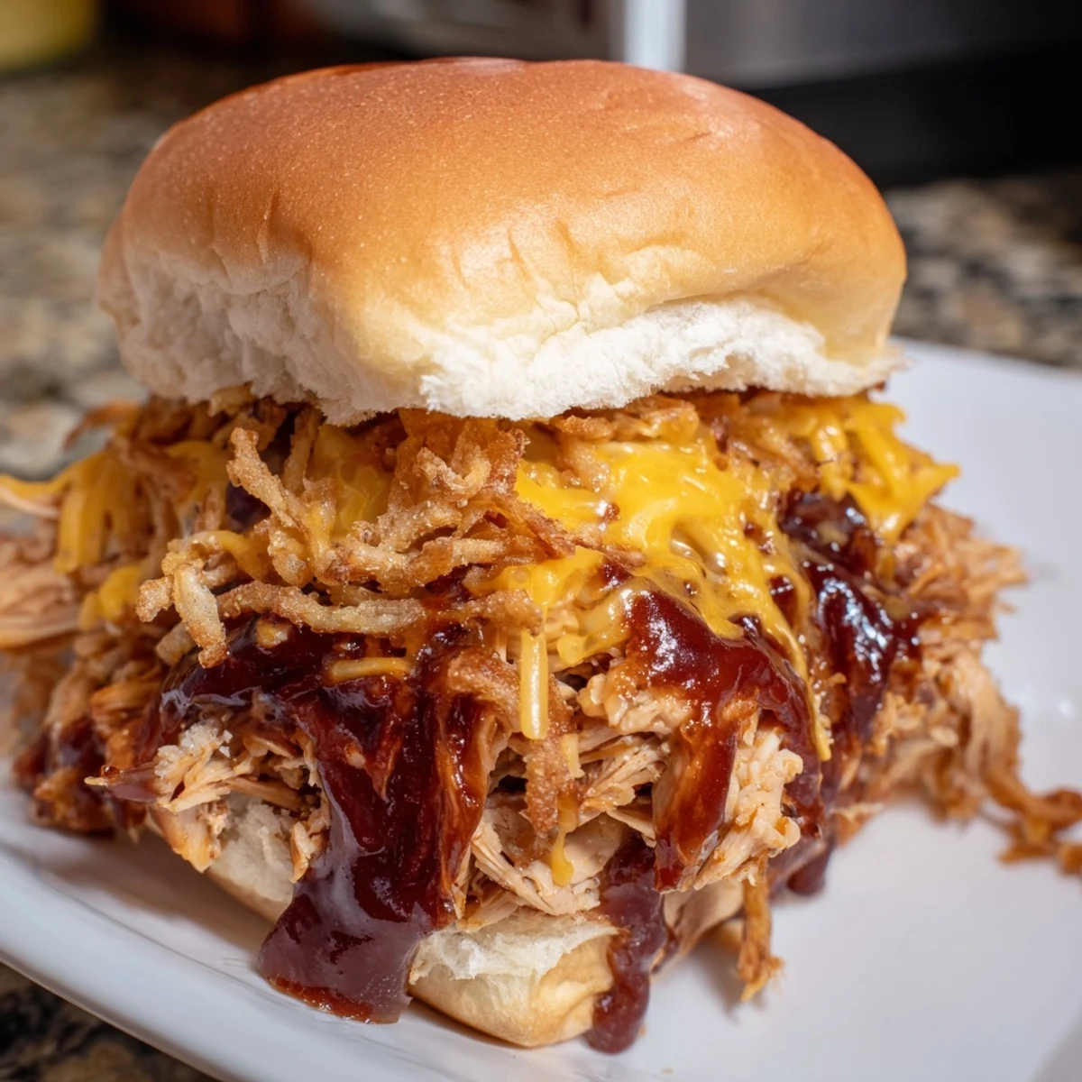 Baked Mississippi Mud Chicken Sliders featuring shredded chicken in smoky sauce with cheddar cheese and crispy onions on soft buns
