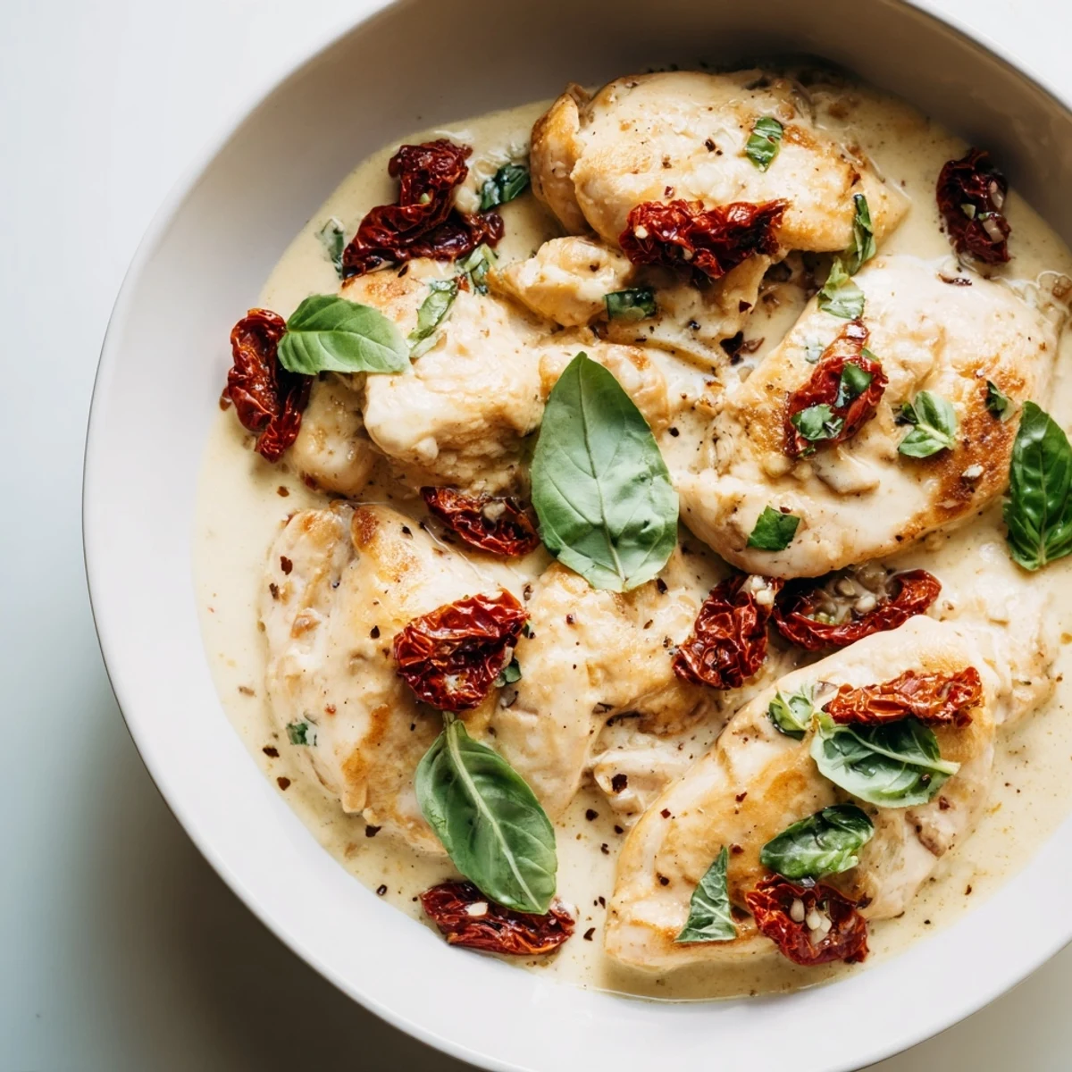 Golden pan-seared chicken breasts resting in creamy sun-dried tomato parmesan sauce with fresh basil