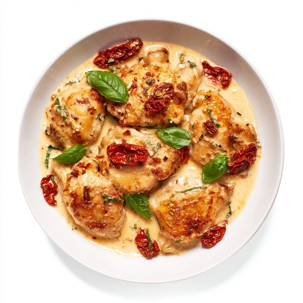Succulent chicken thighs coated in savory protein-packed sauce with sun-dried tomatoes and grated parmesan cheese