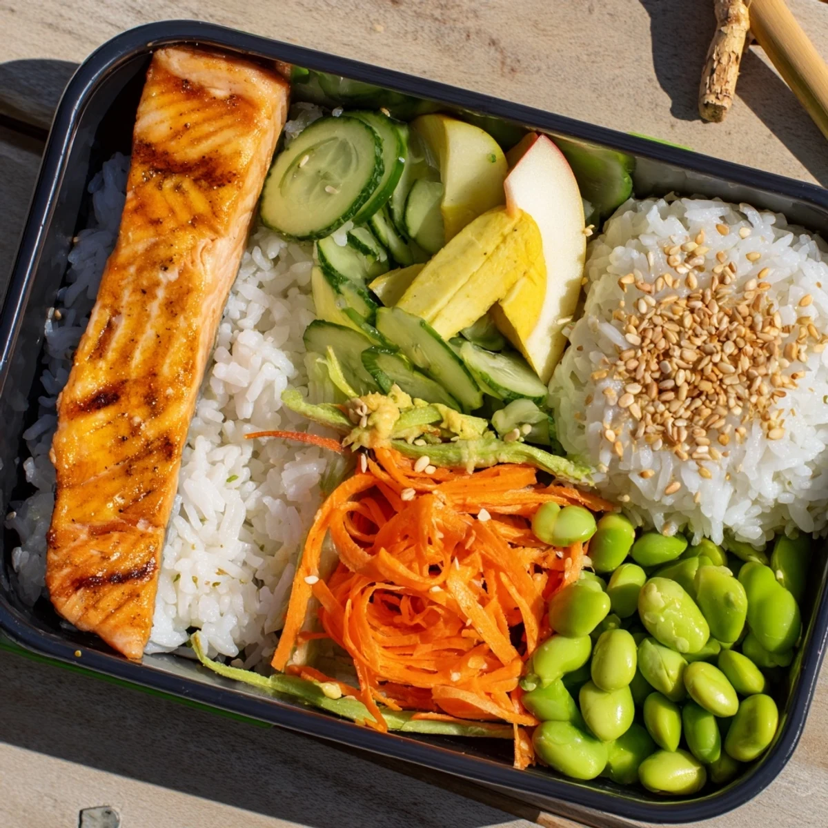 Healthy Japanese breakfast bento box arranged with pickled vegetables and soft scrambled eggs
