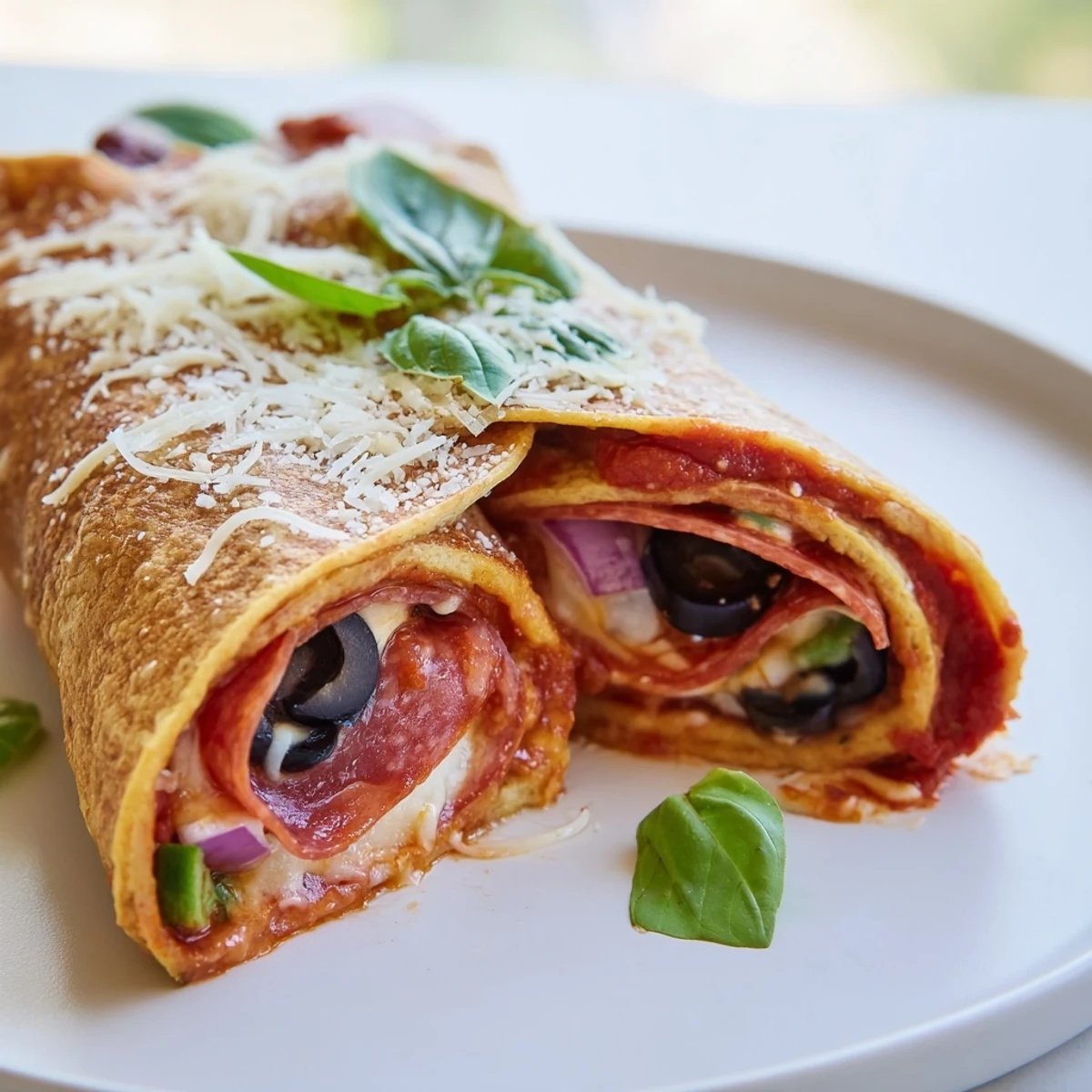 Golden oven baked pizza burritos filled with melty mozzarella cheese, pepperoni, and colorful vegetables