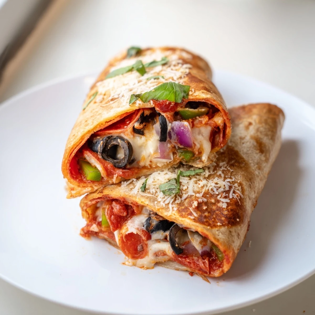 Delicious pizza burritos oozing melted mozzarella and savory toppings, freshly baked or air fried until golden