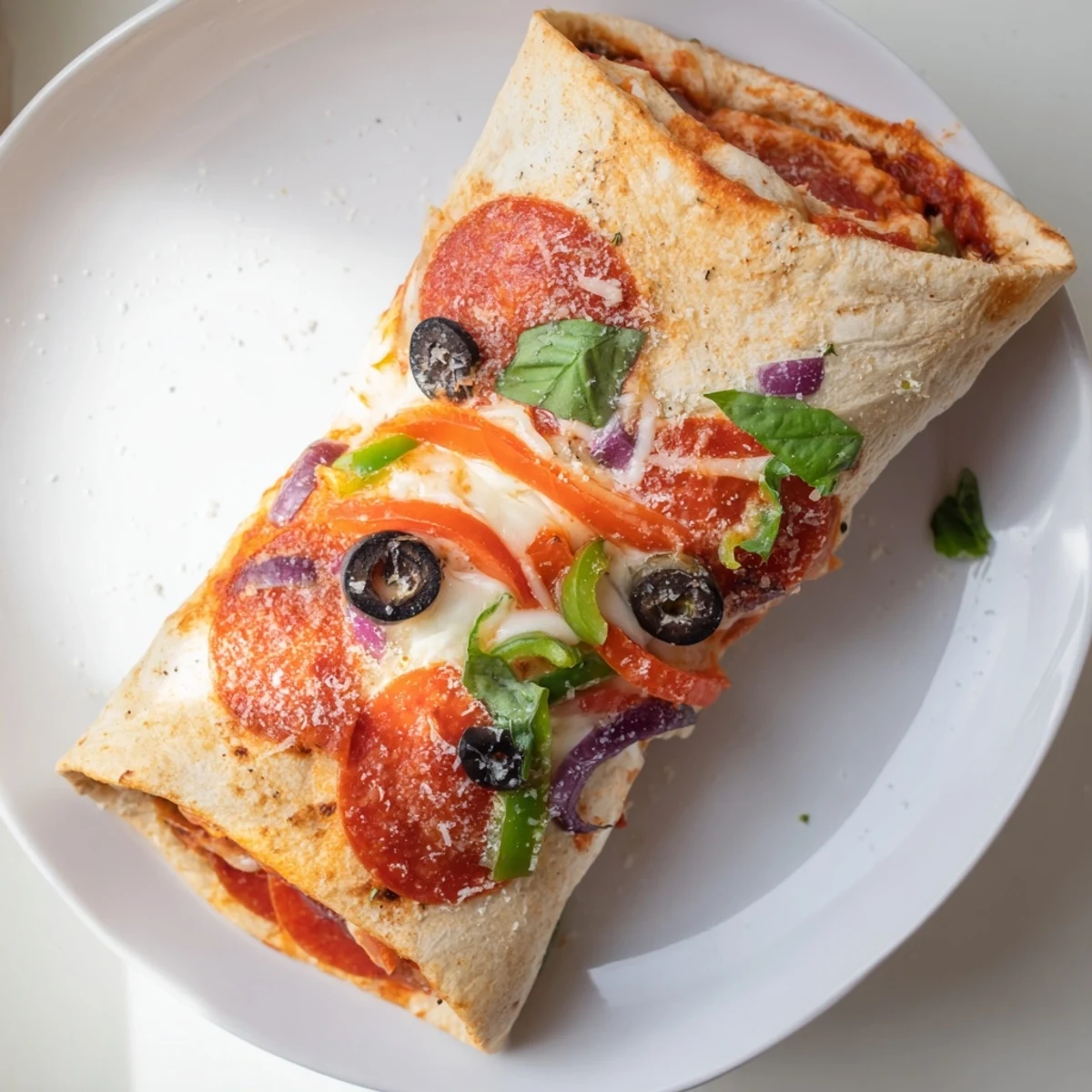 Crispy air fried pizza burritos stuffed with Italian seasoned sauce, peppers, olives, and gooey cheese