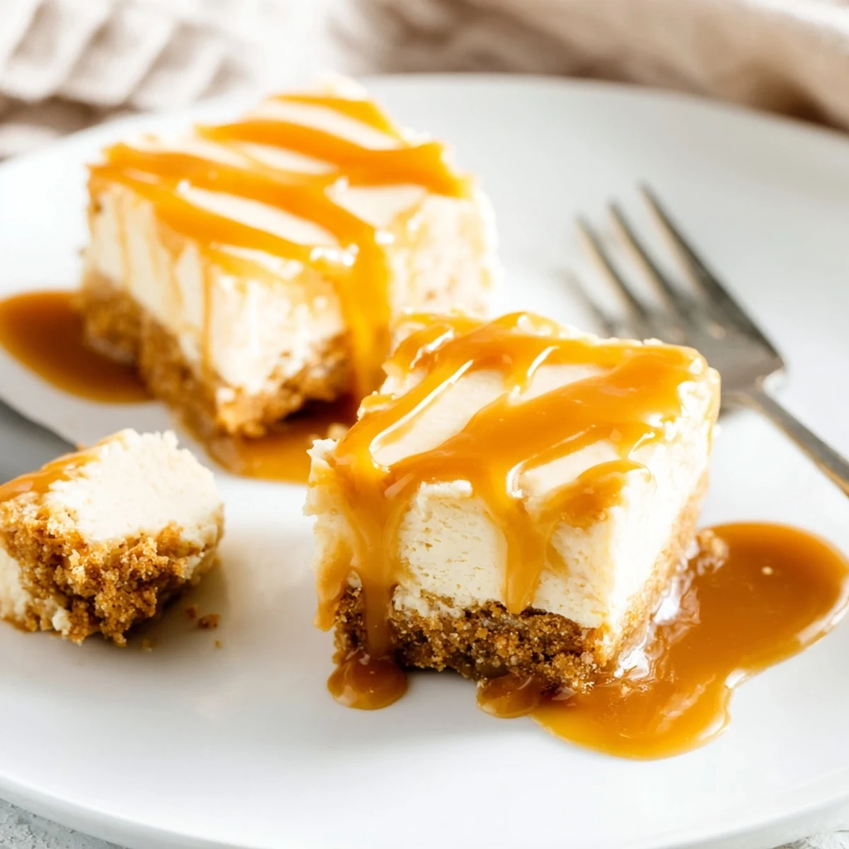 Golden caramel caramel cheesecake bars stacked on a white plate with glossy sauce dripping down the sides