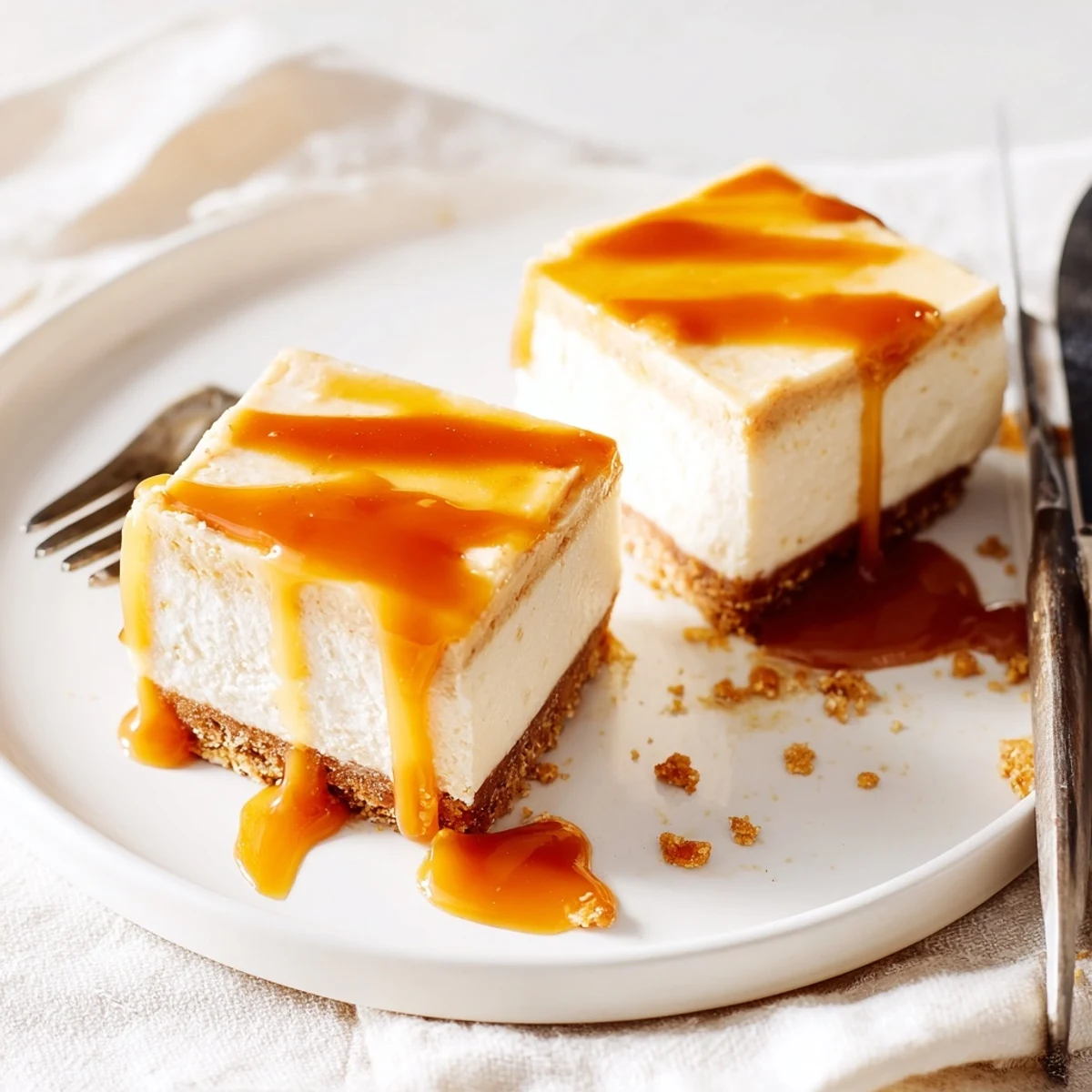 Square creamy caramel cheesecake bars with graham cracker crust and amber caramel drizzle on a rustic wooden board