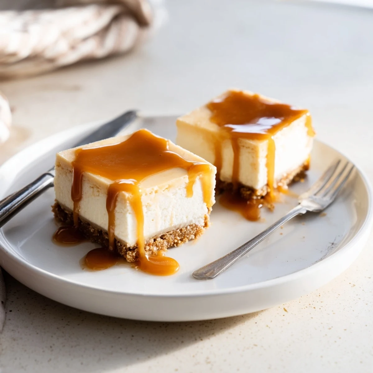 Homemade caramel cheesecake bars cut into neat squares with rich caramel topping and buttery crust visible