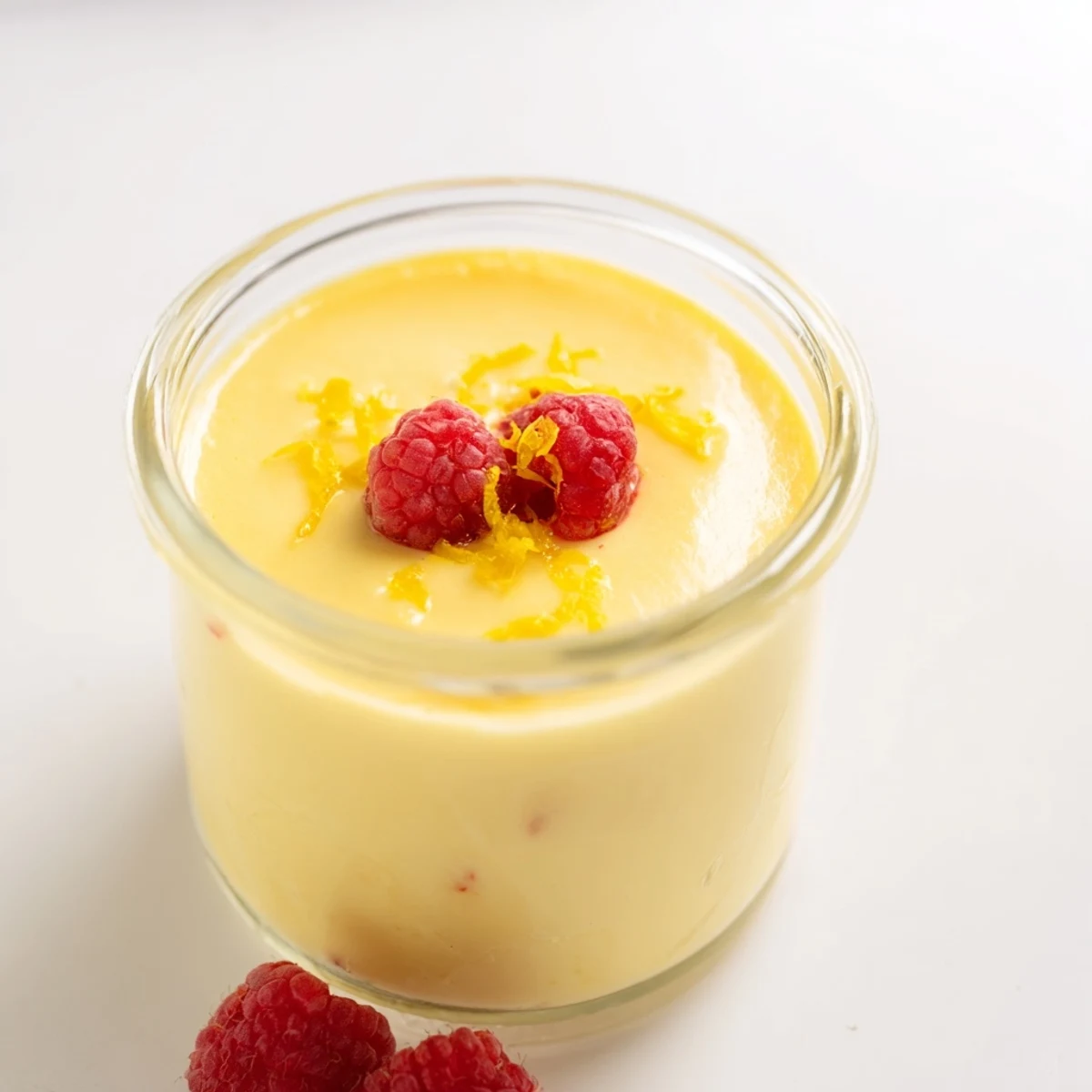 Classic British lemon posset with glossy texture topped with fresh lemon zest swirl
