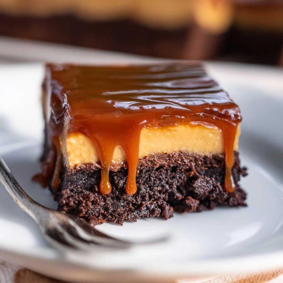 Square pan of caramel brownie cheesecake bliss with glossy caramel drizzle over swirled chocolate cheesecake