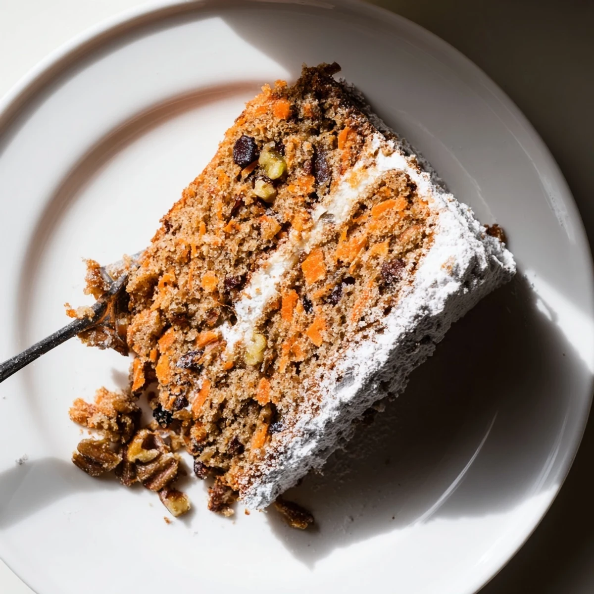 Golden slice of Greek yogurt carrot cake topped with powdered sugar on a white plate