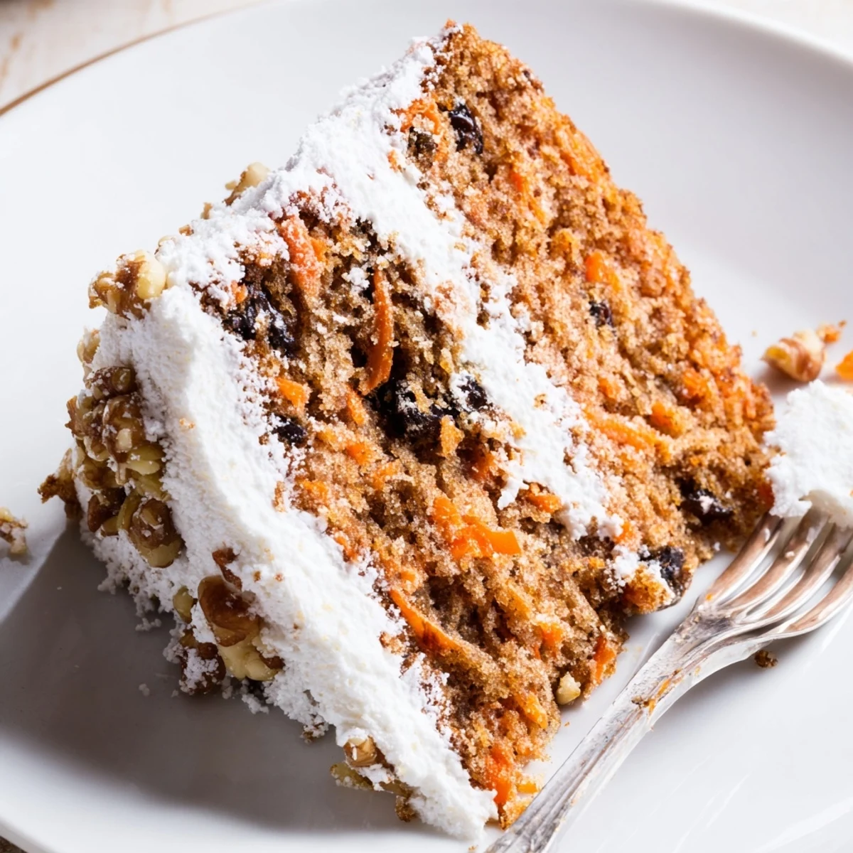 Moist spiced Greek yogurt carrot cake with visible grated carrot pieces and chopped walnuts