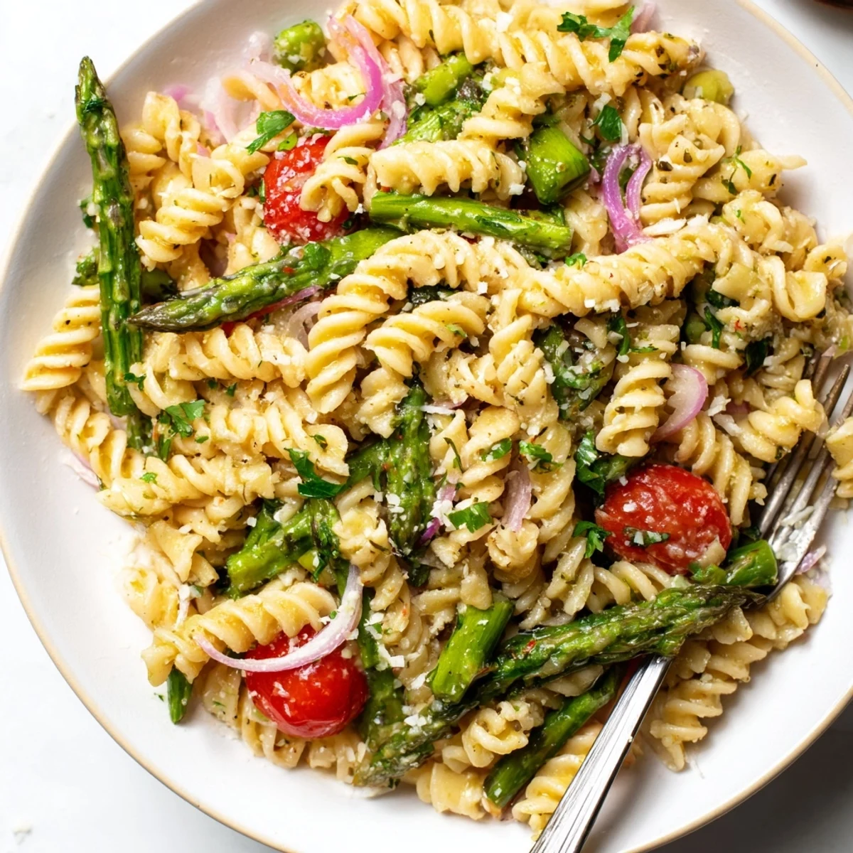 Fresh lemon asparagus pasta salad with tender green spears, cherry tomatoes, and light citrus dressing in a white bowl