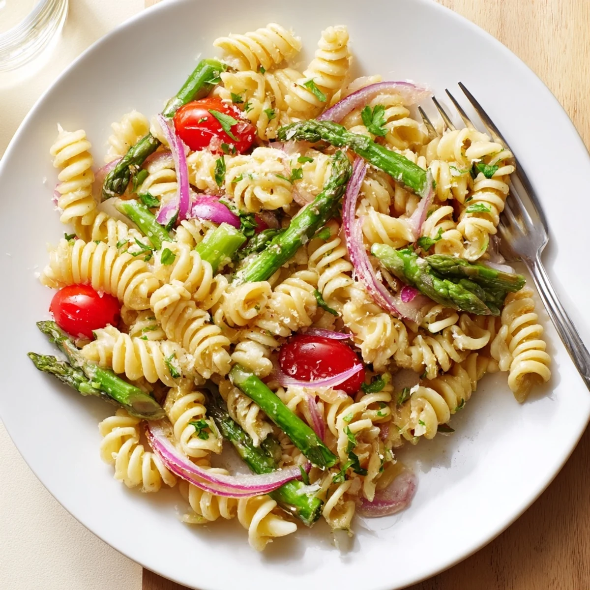 Creamy lemon asparagus pasta salad tossed with colorful cherry tomatoes, red onions, and fresh parsley garnish for spring dining