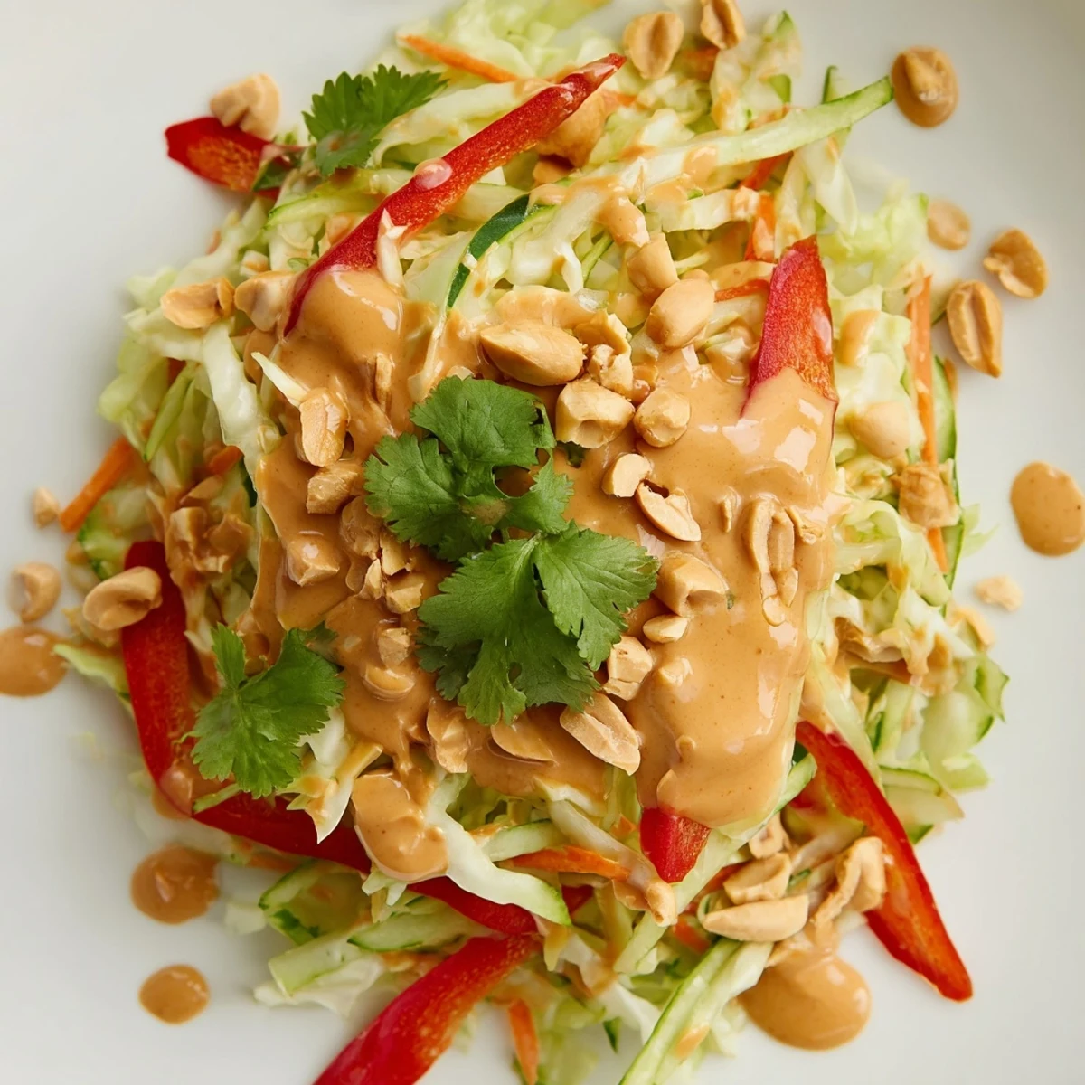 Fresh Thai salad with shredded cabbage and carrots drizzled with rich peanut sauce in white bowl