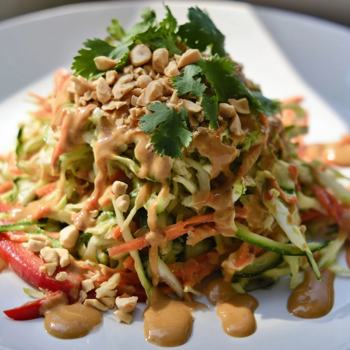 Colorful bowl of Simple Thai Salad Peanut Sauce featuring crunchy vegetables topped with creamy homemade dressing