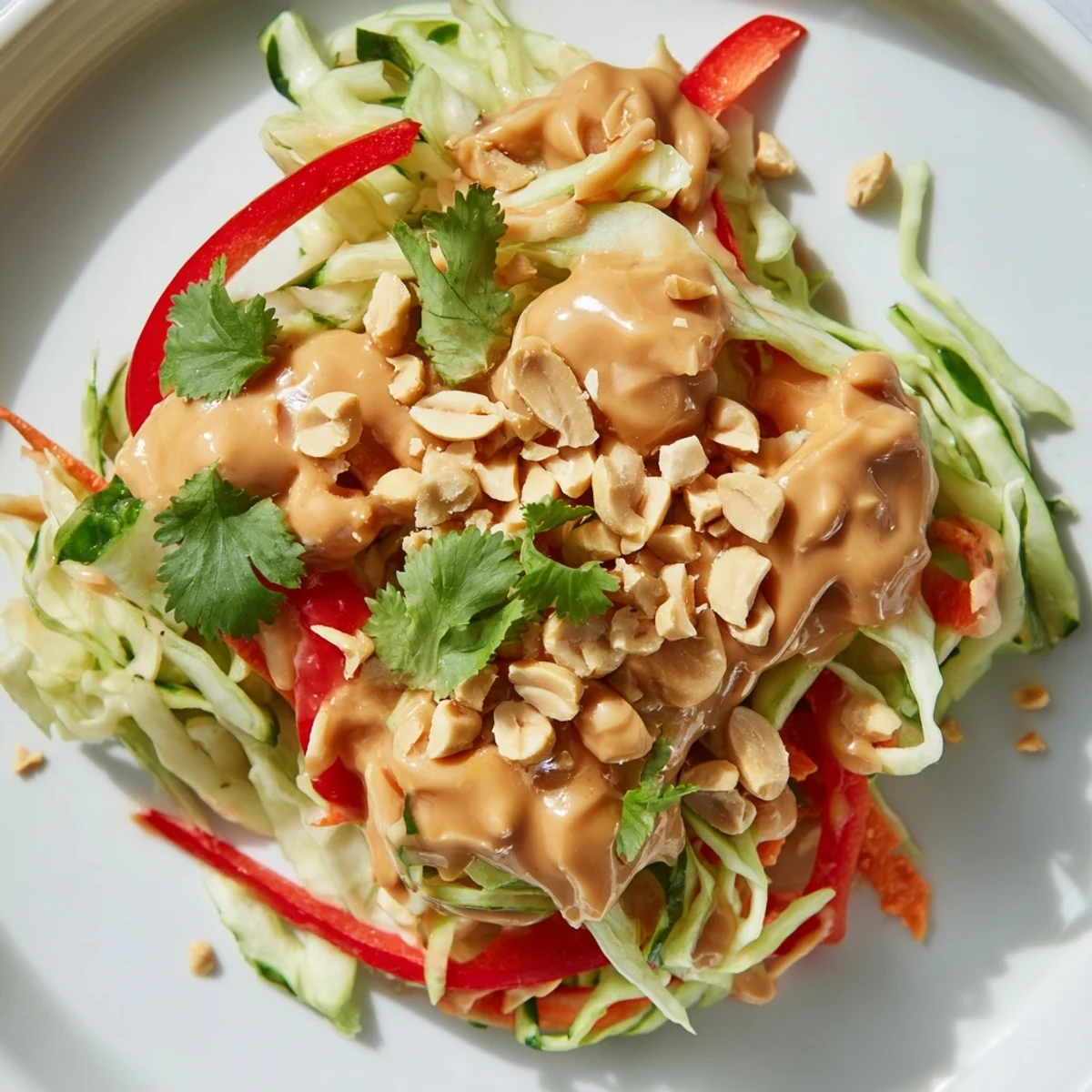 Vibrant vegetable salad coated in smooth peanut dressing and garnished with chopped roasted peanuts and cilantro