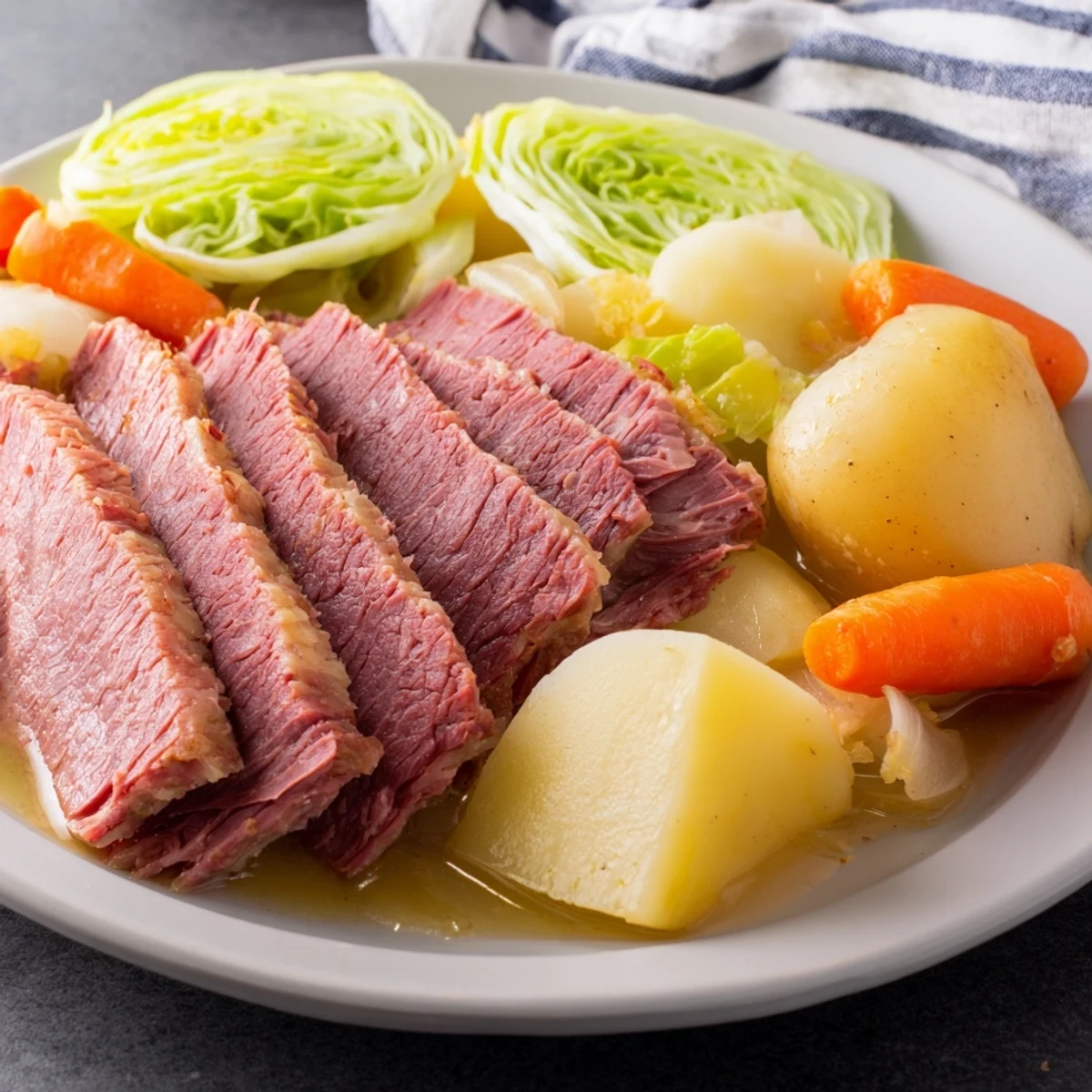 Slow cooker corned beef cabbage with tender carrots potatoes and onions in rich broth