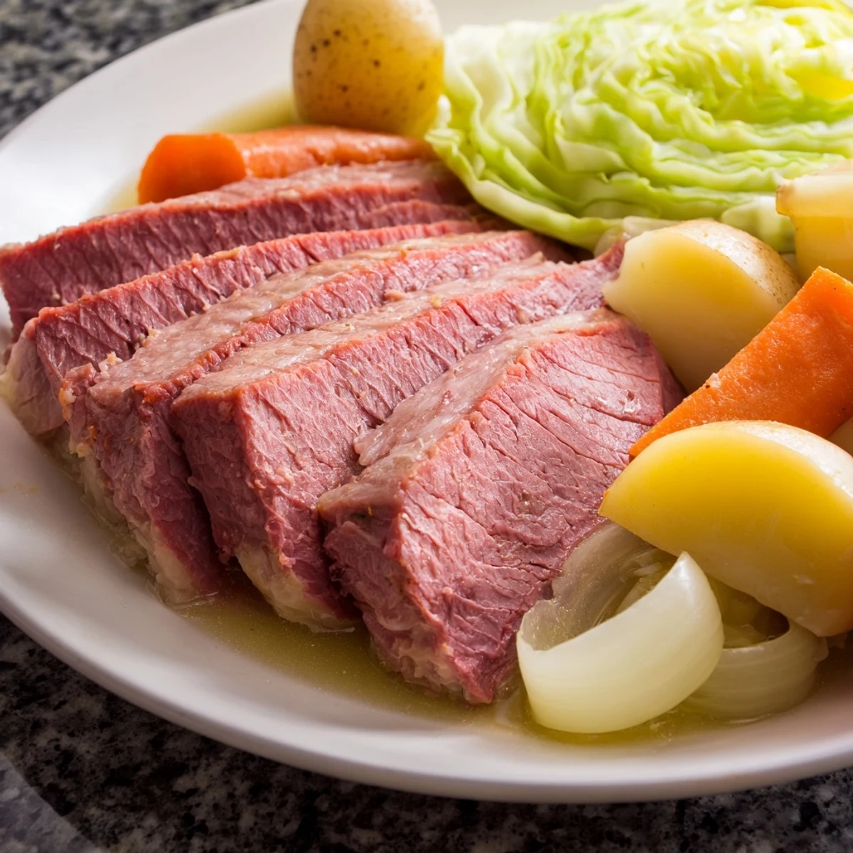 Sliced corned beef brisket served alongside steamed cabbage wedges and hearty root vegetables