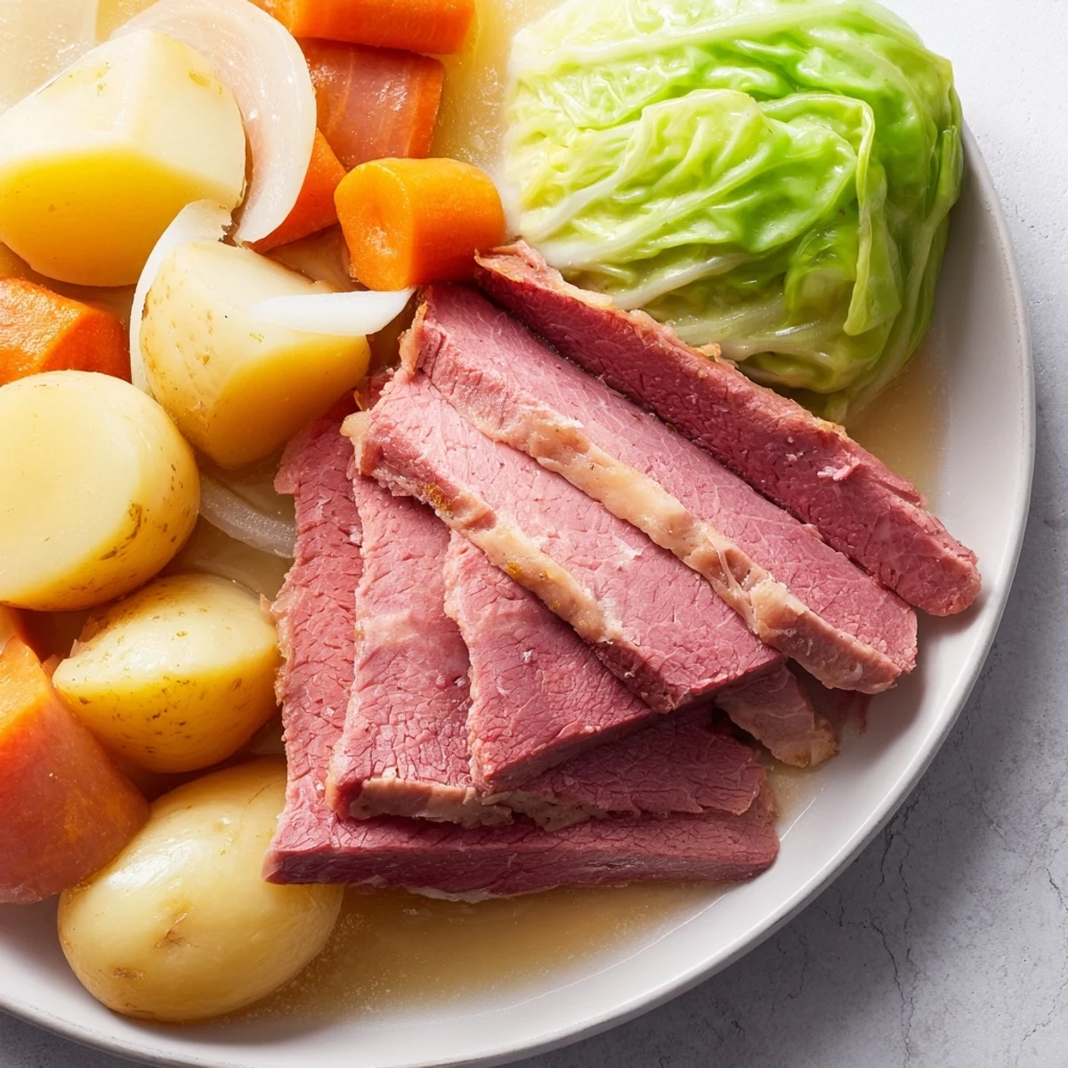 Comforting Irish-American corned beef and cabbage dinner plated with fork-tender vegetables and juices