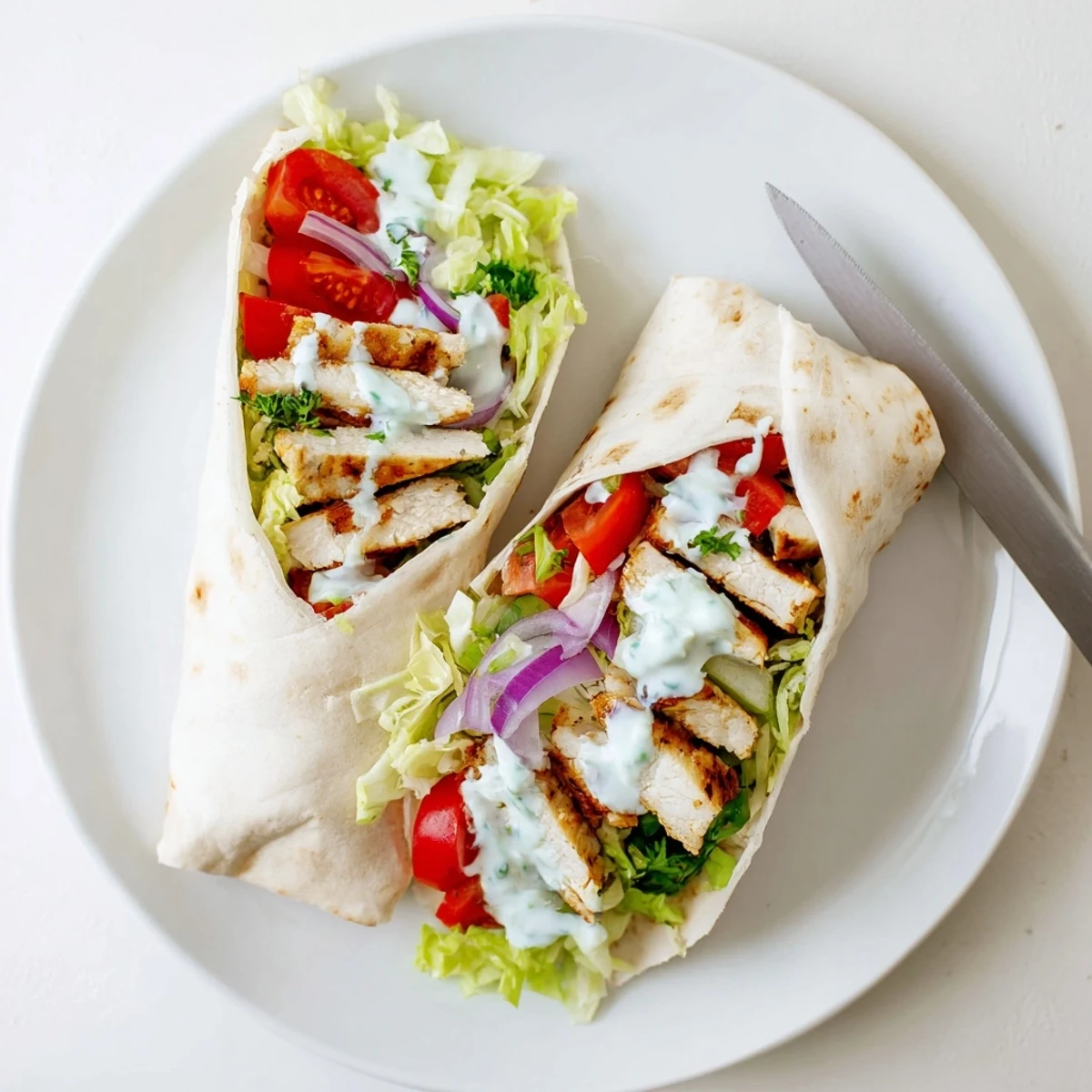 Crispy high protein cottage cheese flatbread chicken wraps topped with yogurt and lettuce