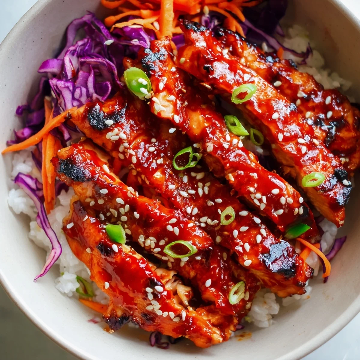 Golden glazed Korean BBQ chicken bowls with marinated thighs over fluffy rice and crisp colorful vegetables