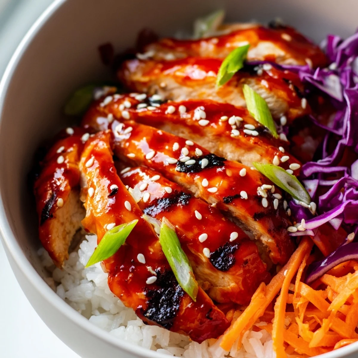 Close-up of delicious Korean BBQ chicken bowl with juicy meat, purple cabbage, and sesame seed garnish