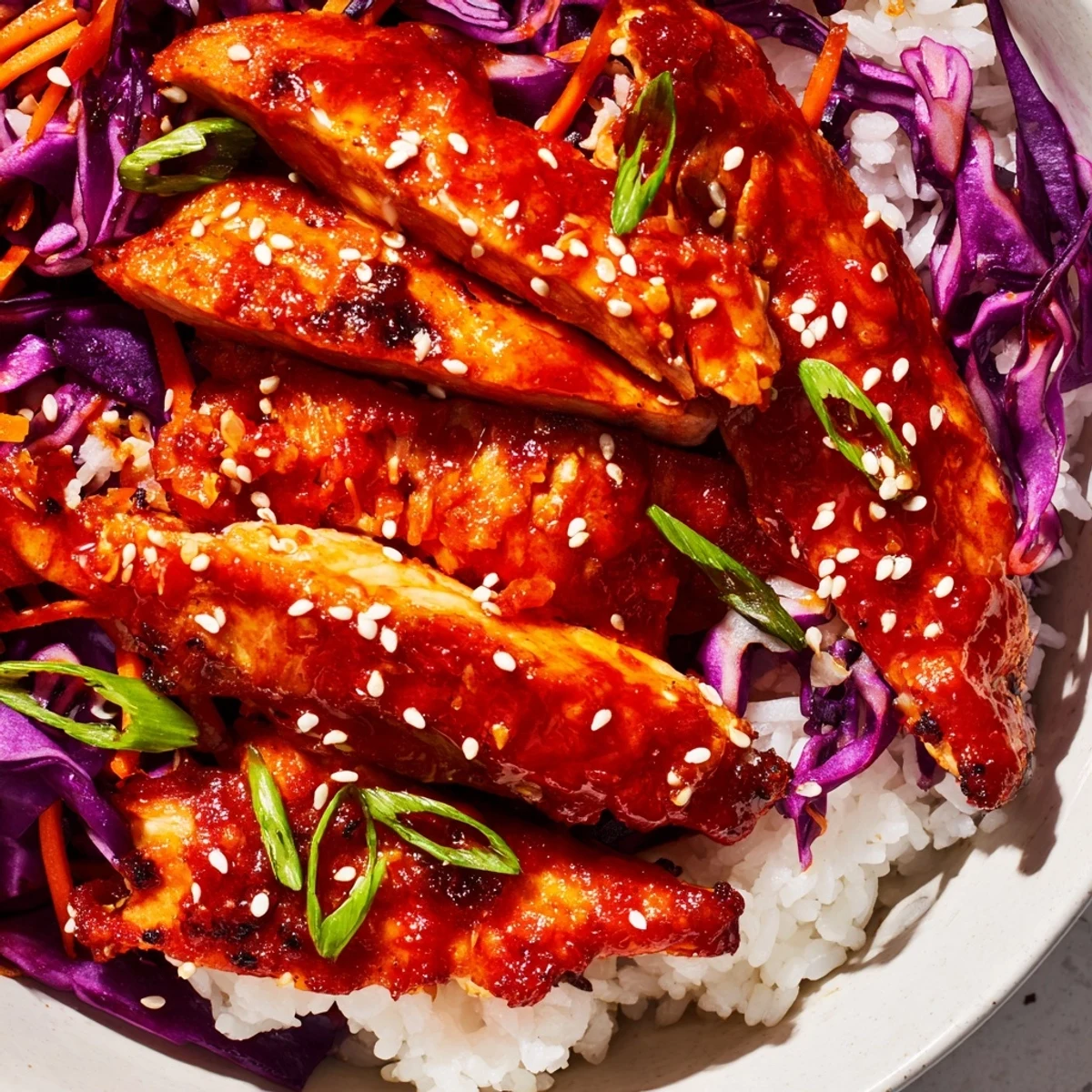 Savory Korean BBQ chicken bowl featuring grilled glazed chicken slices atop rice with shredded carrots and cucumber