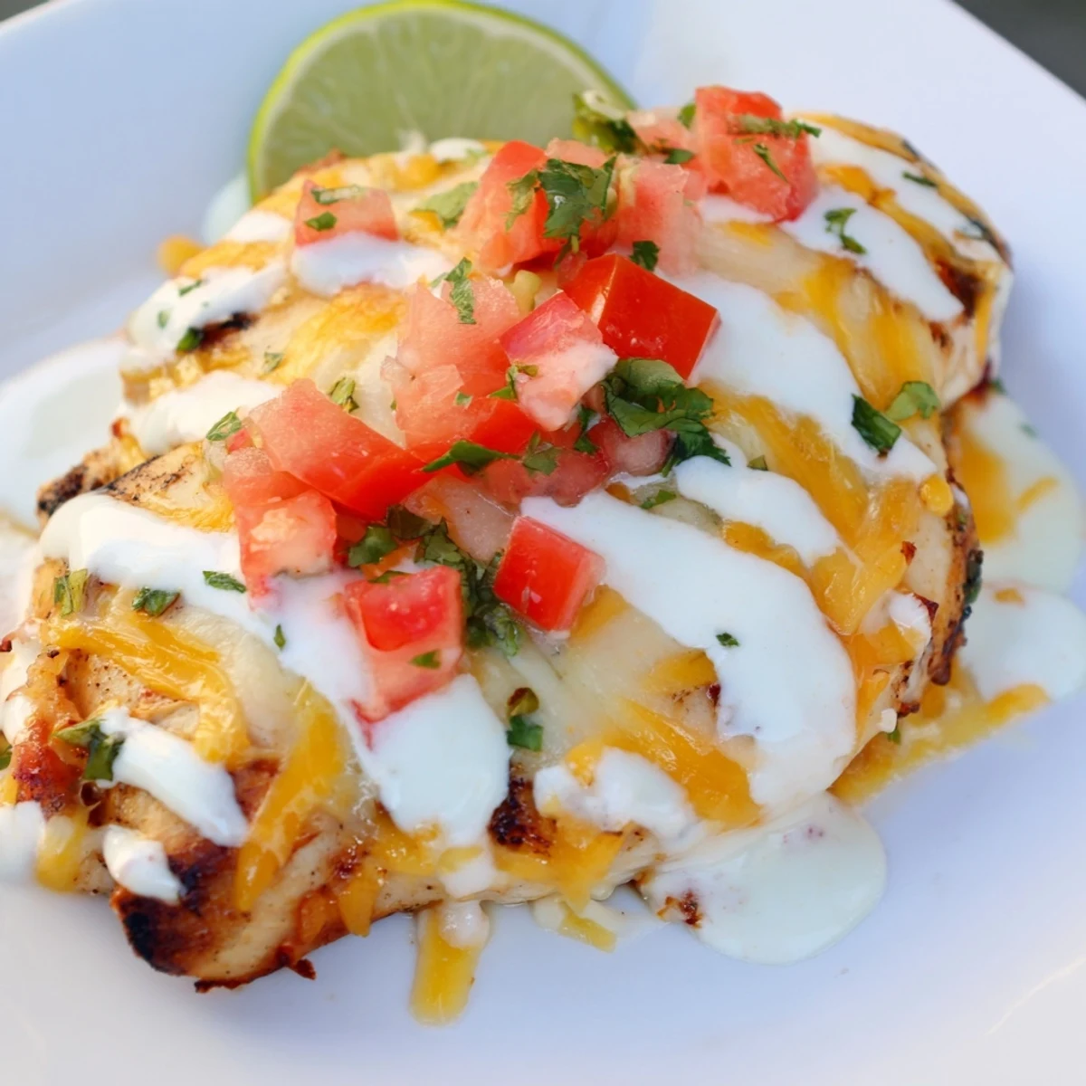 Grilled Fiesta lime chicken breast topped with melted cheddar cheese, creamy fiesta sauce, and fresh pico de gallo garnish
