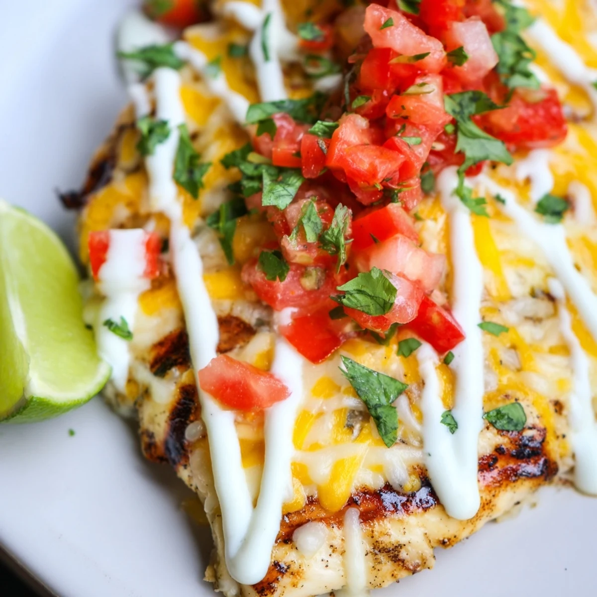 Zesty lime chicken with melted cheese topping served with salsa cream sauce, cilantro, and lime wedges on a white plate
