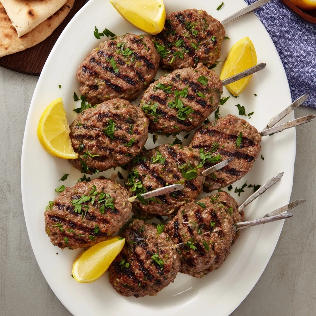 Golden brown Lebanese kafta kebabs grilled to perfection with fresh parsley garnish