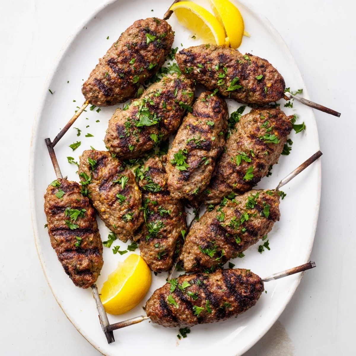 Juicy spiced Lebanese kafta patties served with warm pita bread and lemon wedges